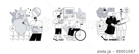 Elderly people health problems abstract concept vector illustration set. Ischemic heart disease, diabetes mellitus, Alzheimerand dementia, coronary artery, blood sugar, memory loss abstract metaphor. Elderly people health problems abstract concept vector illustration set. Ischemic heart disease, diabetes mellitus, Alzheimerand dementia, coronary artery, blood sugar, memory loss abstract metaphor. 99001067