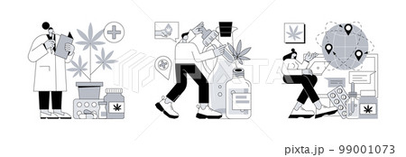 Medical cannabis abstract concept vector illustration set. Medical marijuana, hemp seed oil, hemp products distribution, cancer pain and inflammation relief, sativa plant pharmacy abstract metaphor. 99001073