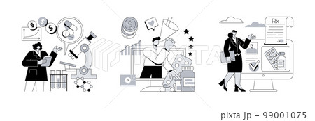 Drugs and medication industry abstract concept vector illustration set. Pharmacological business, pharmaceutical marketing, online prescription system, pharmacy network, drugstore abstract metaphor. 99001075