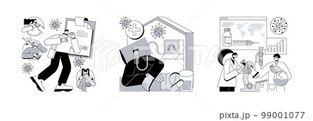 Covid19 pandemic abstract concept vector illustration set. Coronavirus symptoms, treatment and vaccine, intensive therapy, wearing a mask, lung ventilation, fever and cough abstract metaphor. 99001077