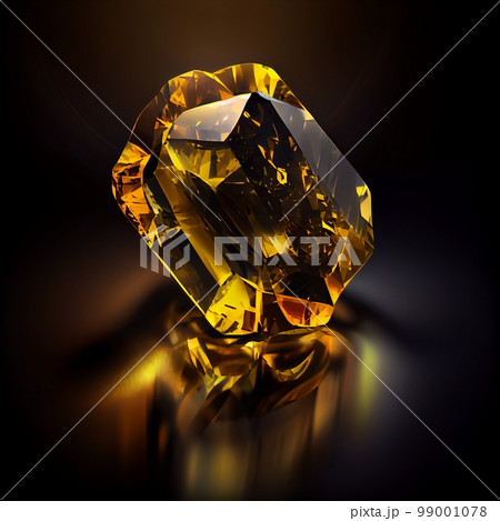 Shiny Crystal yellow sapphire gem isolated on black background. Natural precious mineral stone artistic illustration. Decorative crystal gold sapphire gemstone realistic poster. 99001078