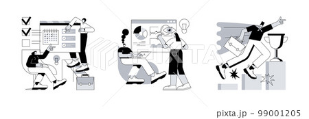 Business management abstract concept vector illustration set. Project management, workflow and leadership, waterfall and agile, development team, productivity software, coaching abstract metaphor. Business management abstract concept vector illustration set. Project management, workflow and leadership, waterfall and agile, development team, productivity software, coaching abstract metaphor. 99001205