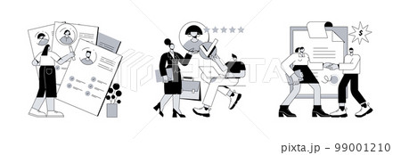 Head hunting abstract concept vector illustration set. Recruitment agency, hiring employee, employment agreement, job listing, resume, vacant job position, contract form, interview abstract metaphor. Head hunting abstract concept vector illustration set. Recruitment agency, hiring employee, employment agreement, job listing, resume, vacant job position, contract form, interview abstract metaphor. 99001210