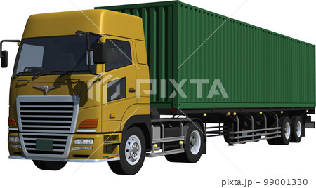 2軸トラクターとコンテナ2軸の大型トレーラー切抜き画像イラスト 99001330