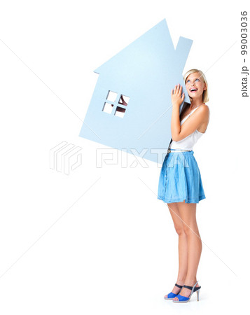 Real estate, house icon and woman with smile on white background for property investment, mortgage and loan. Homeowner, realtor and isolated girl hug 3d home design for residence, apartment and rent 99003036