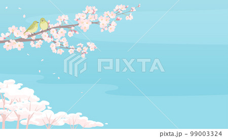 桜の花とメジロの背景イラスト　日本の春の風景 99003324