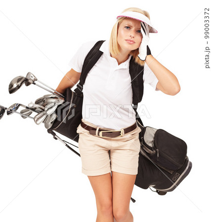 Golf woman, club bag and headache in studio portrait with stress, tired and sports equipment by white background. Isolated golfer girl, iron or golf club backpack for game, sport and pain in head Golf woman, club bag and headache in studio portrait with stress, tired and sports equipment by white background. Isolated golfer girl, iron or golf club backpack for game, sport and pain in head 99003372