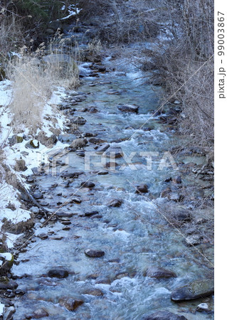 岸辺に雪の残る冬枯れの野底川【川】【風景】 岸辺に雪の残る冬枯れの野底川【川】【風景】 99003867