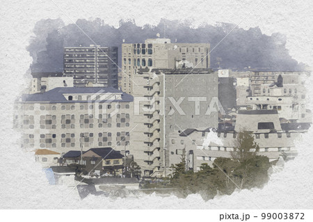 水彩画風　倉敷市街地　コートホテル倉敷と倉敷駅前ユニバーサルホテル　岡山県倉敷市 99003872