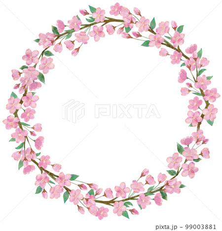 綺麗な桜の花と葉っぱと枝の水彩画イラストの長方形のフレーム 99003881