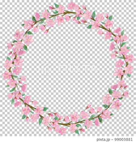 綺麗な桜の花と葉っぱと枝の水彩画イラストの長方形のフレーム 99003881