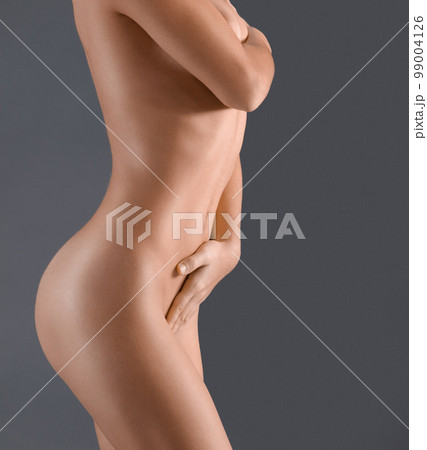Naked, sexy and nude body of a woman isolated on a black background in a studio. Sexual, natural and erotic girl with nudity, slim and feminine confidence on a studio background with mockup space 99004126