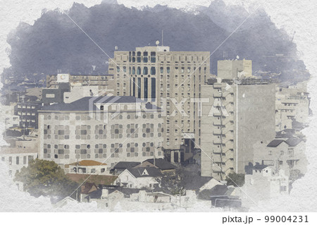水彩画風　倉敷市街地　倉敷美観地区近くのホテル群　岡山県倉敷市 99004231