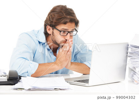 Laptop, praying and business man hope for financial profit, stock market growth or economy investment success. Studio, online bitcoin mining or trader trading crypto, forex or nft on white background 99004302