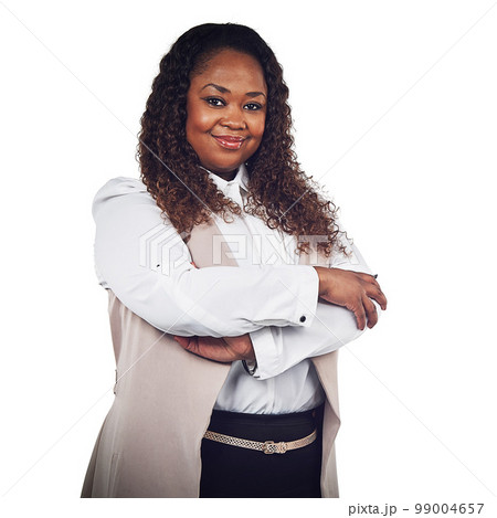 Portrait, leader and black woman in studio, proud and ambition against a white background space. Face, black woman and business owner with idea for black business, empowered and career goal isolated 99004657