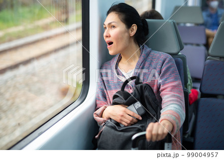 Portrait of woman traveling in urban trai Portrait of woman traveling in urban trai 99004957