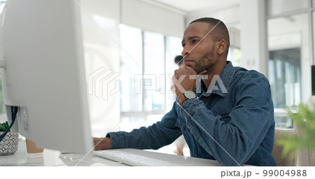 Office computer, thinking and black man reading feedback review of social network, customer experience or ecommerce. Website analytics, research report and media employee doing online survey analysis Office computer, thinking and black man reading feedback review of social network, customer experience or ecommerce. Website analytics, research report and media employee doing online survey analysis 99004988