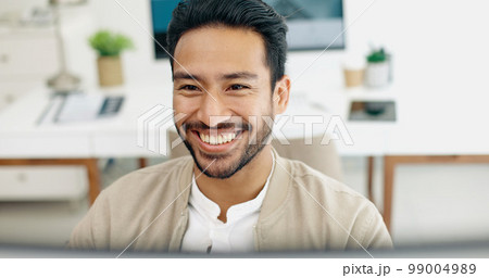 Happy businessman, success or fist on computer with wow or yes face expression in creative startup deal, goals or target. Smile, excited or winner worker with hands gesture on office technology sale 99004989