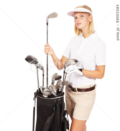 Golf, woman and sport clubs portrait of a model with sports gear and isolated white background. Thinking, game club choice and female athlete with sportwear looking thoughtful with mock up space Golf, woman and sport clubs portrait of a model with sports gear and isolated white background. Thinking, game club choice and female athlete with sportwear looking thoughtful with mock up space 99005084