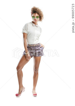 Fashion, designer style and portrait of a black woman in stylish sunglasses with white background. Isolated, cool and beauty of model with hipster clothing in a studio with mock up space alone 99005723