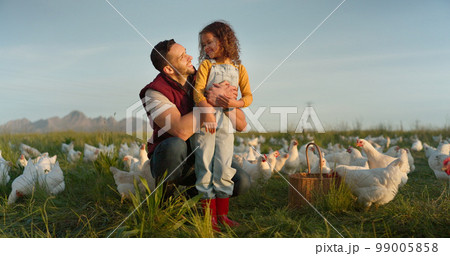 Man with girl, happy chicken farmer and organic livestock sustainability farming planning for healthy harvest. Child smile at dad, sustainable egg farm and free range eco friendly poultry agriculture Man with girl, happy chicken farmer and organic livestock sustainability farming planning for healthy harvest. Child smile at dad, sustainable egg farm and free range eco friendly poultry agriculture 99005858