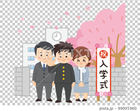 Male junior high and high school students and their parents standing in front of the entrance ceremony signboard Male junior high and high school students and their parents standing in front of the entrance ceremony signboard 99005960