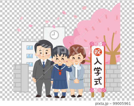 Female junior high and high school students and their parents standing in front of the entrance ceremony signboard Female junior high and high school students and their parents standing in front of the entrance ceremony signboard 99005961