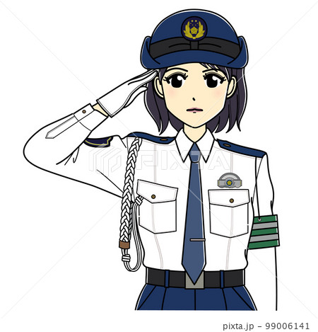 敬礼する白ワイシャツの女性警察官（上半身）のイラスト素材 [99006141