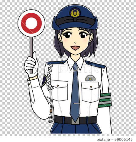 丸の札を持つ白ワイシャツの女性警察官（上半身） 99006145