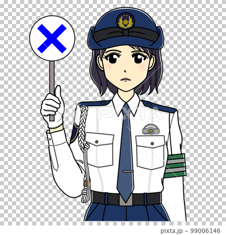 バツの札を持つ白ワイシャツの女性警察官（上半身） 99006146