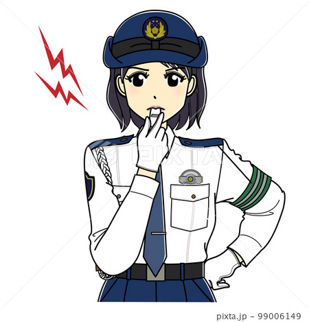 警笛を吹く白ワイシャツの女性警察官（上半身） 99006149