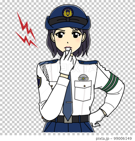 警笛を吹く白ワイシャツの女性警察官（上半身） 99006149