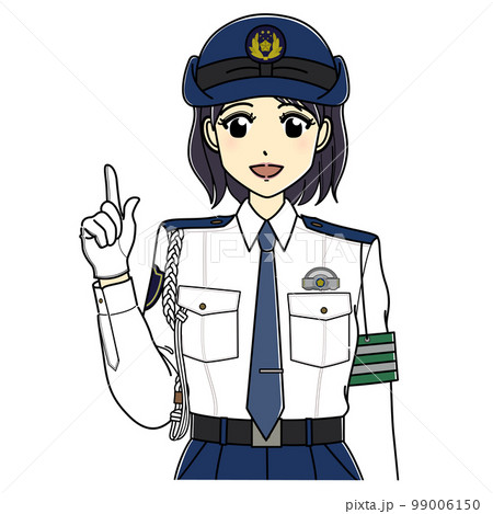 指差しして笑顔で話す白ワイシャツの女性警察官（上半身） 99006150