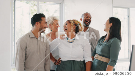 Success, happy or funny business people in an office building laughing at a funny joke after a group meeting. Diversity, comic or employees with big smiles bonding after a successful business deal Success, happy or funny business people in an office building laughing at a funny joke after a group meeting. Diversity, comic or employees with big smiles bonding after a successful business deal 99006250