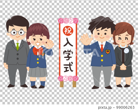 站在入學典禮招牌前的中學生和家長 站在入學典禮招牌前的中學生和家長 99006263