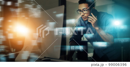 Hologram, computer data and businessman phone call reading digital data with future overlay. It, cyber security and trading software developer with technology talking about cryptocurrency strategy Hologram, computer data and businessman phone call reading digital data with future overlay. It, cyber security and trading software developer with technology talking about cryptocurrency strategy 99006396