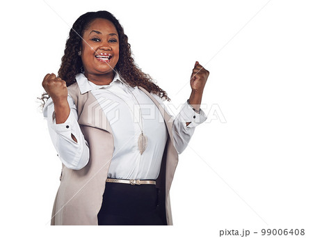 Success, winner and portrait of black woman on a white background for victory, promotion and achievement. Advertising, mockup space and happy female isolated in studio cheer, winning and celebration Success, winner and portrait of black woman on a white background for victory, promotion and achievement. Advertising, mockup space and happy female isolated in studio cheer, winning and celebration 99006408