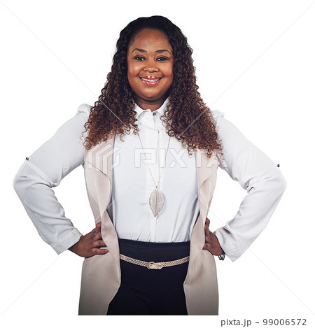 Happy African woman with hands on hips, isolated portrait of businessperson and a white background. Black model posing smile for profile picture, motivation for success and confident professional Happy African woman with hands on hips, isolated portrait of businessperson and a white background. Black model posing smile for profile picture, motivation for success and confident professional 99006572