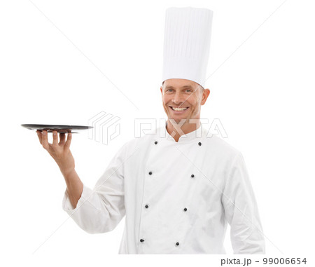 Chef holding tray, confident portrait and smile presenting promo or restaurant product placement isolated on white background Happy executive cook man in uniform, mock up and menu launch in studio. 99006654