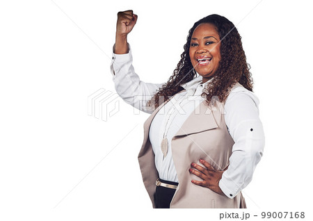 Black woman, success and portrait of small business owner in studio for celebration on white background. Face, happy and business woman excited for victory, wow and good news while cheering isolated Black woman, success and portrait of small business owner in studio for celebration on white background. Face, happy and business woman excited for victory, wow and good news while cheering isolated 99007168