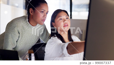 Creative woman, web design and idea with manager for marketing strategy or startup on computer at office. Female designer showing leader online design, planning or advertising business on desktop PC 99007337