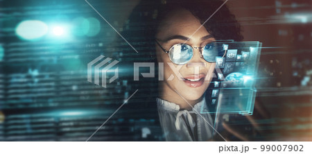 Black woman, overlay and future tech in office for finance research, data analytics or digital job in night. Cybersecurity expert smile, fintech or focus in dark workplace for 3d hologram abstract 99007902