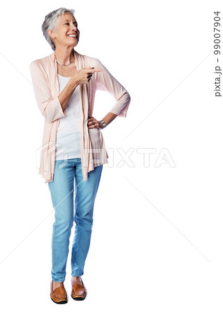 Senior woman, happy vision and pointing finger standing full body isolated in white background. Elderly female, smile and happiness suggestion, point finger and advertising or marketing studio mockup 99007904