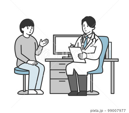 診察室で男性医師に説明する女性 99007977