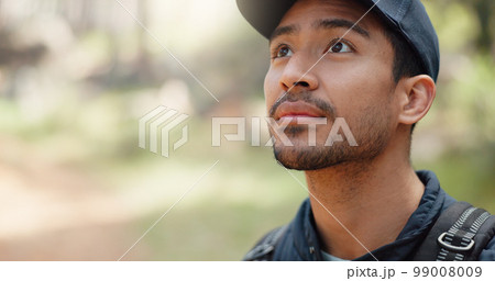 Man, travel and nature adventure while outdoor in summer for fitness, hiking and walking in forest for freedom, exercise and fresh air from trees. Health, wellness and energy of asian male in woods 99008009