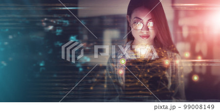Overlay, hologram and cybersecurity with a business woman in a dark office working late at night on programming. Mockup, cloud computing and programming with a female developer at work on software 99008149