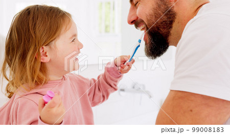 Happy family, dental and brushing teeth with girl and father in bathroom for hygiene, learning and grooming. Love, teeth and oral care by parent with daughter play, laugh and cleaning in their home Happy family, dental and brushing teeth with girl and father in bathroom for hygiene, learning and grooming. Love, teeth and oral care by parent with daughter play, laugh and cleaning in their home 99008183