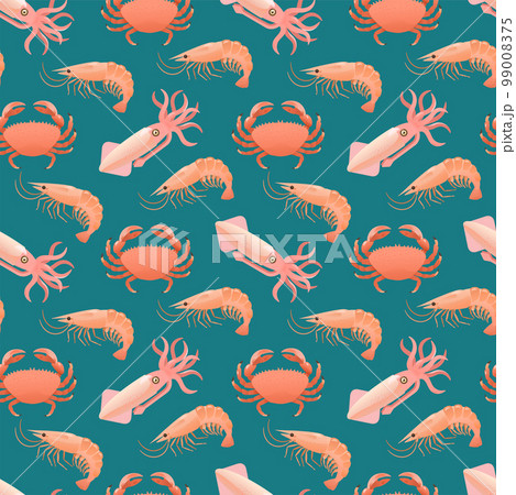 Seamless pattern with sea food, shrimps, squids and crabs. Cartoon vector illustration Seamless pattern with sea food, shrimps, squids and crabs. Cartoon vector illustration 99008375