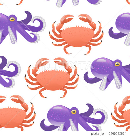 Vibrant cartoon seamless pattern with cute crabs and octopus. Vector illustration 99008394