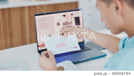 Man, debt letter delivery and office with laptop, social media marketing or disappointment in workplace. Businessman, reading post or compliance from logistics worker for payment on commercial credit Man, debt letter delivery and office with laptop, social media marketing or disappointment in workplace. Businessman, reading post or compliance from logistics worker for payment on commercial credit 99008794